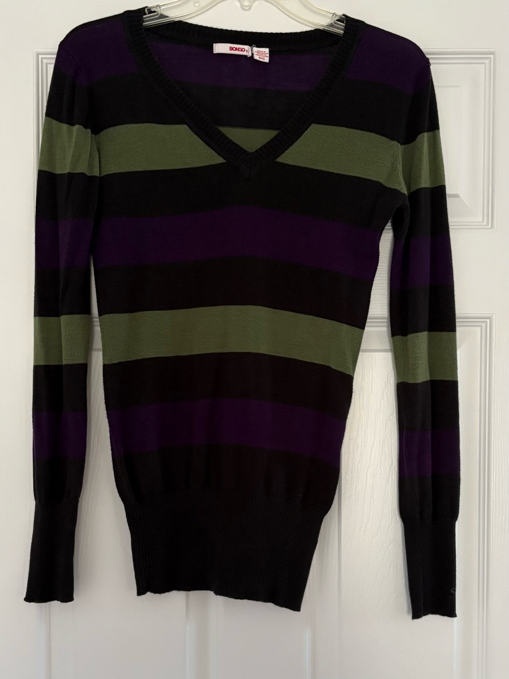 BONGO Women V-Neck Striped Sweater in Black, Purple & Olive